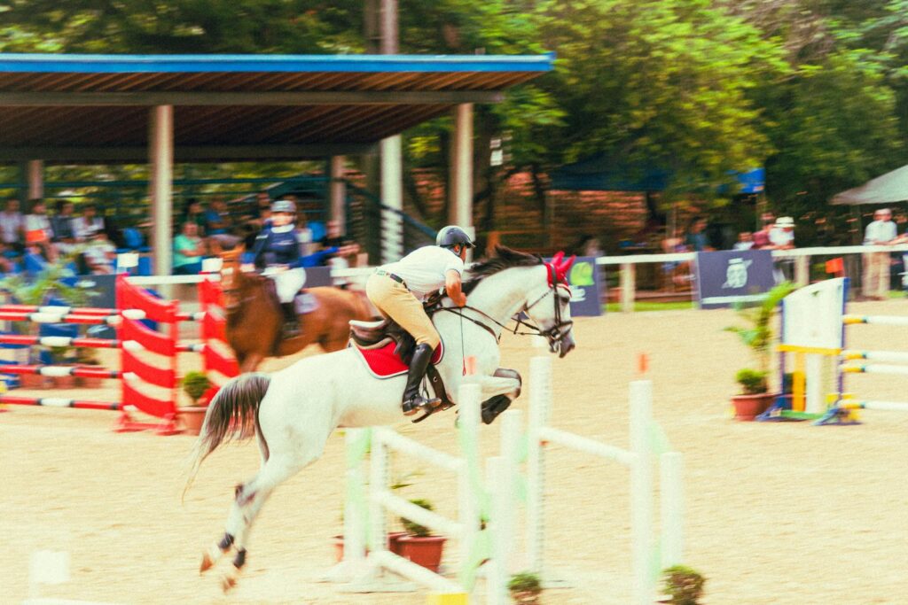 A skilled jockey and horse execute a jump during an outdoor equestrian competition.
