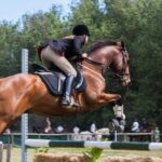 A woman jockey skillfully jumps with her horse in an outdoor equestrian competition.