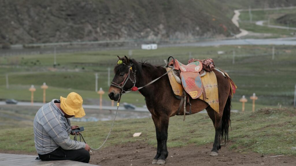A man with a yellow hat sits beside a saddled horse in a rural landscape. Calm scene.