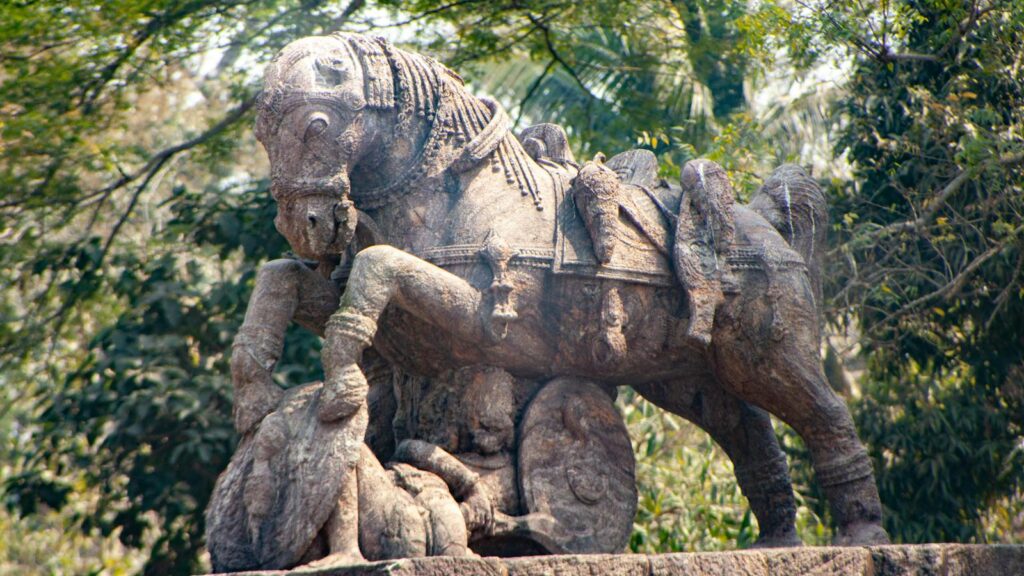 Stone sculpture of a war horse at Sun Temple, Konark, India.