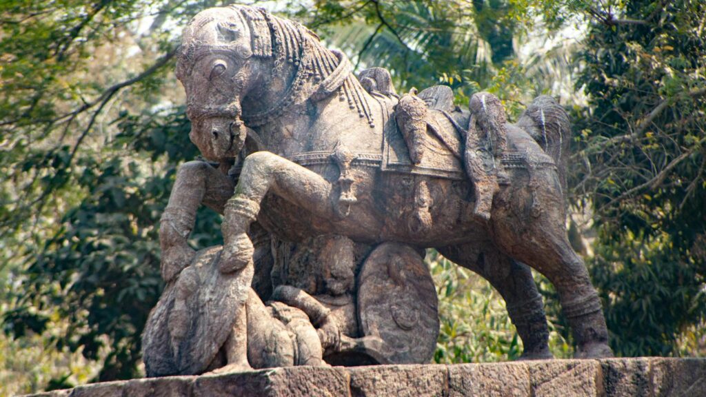 Stone sculpture of a war horse at Sun Temple, Konark, India.