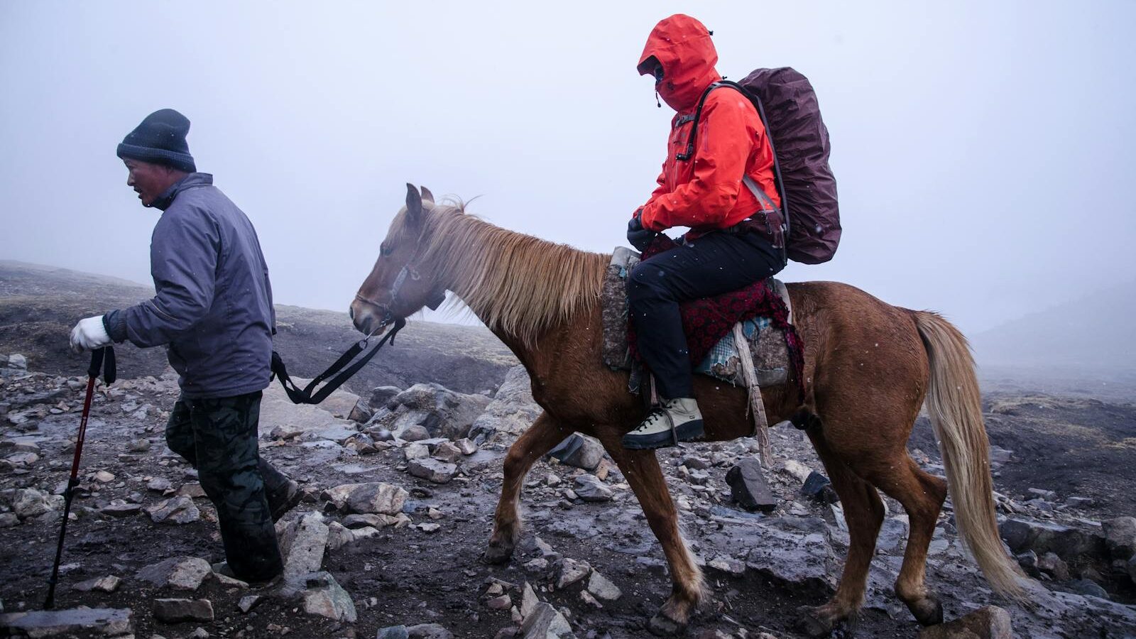 Man leads horse with rider through misty mountain terrain, symbolizing adventure and exploration.