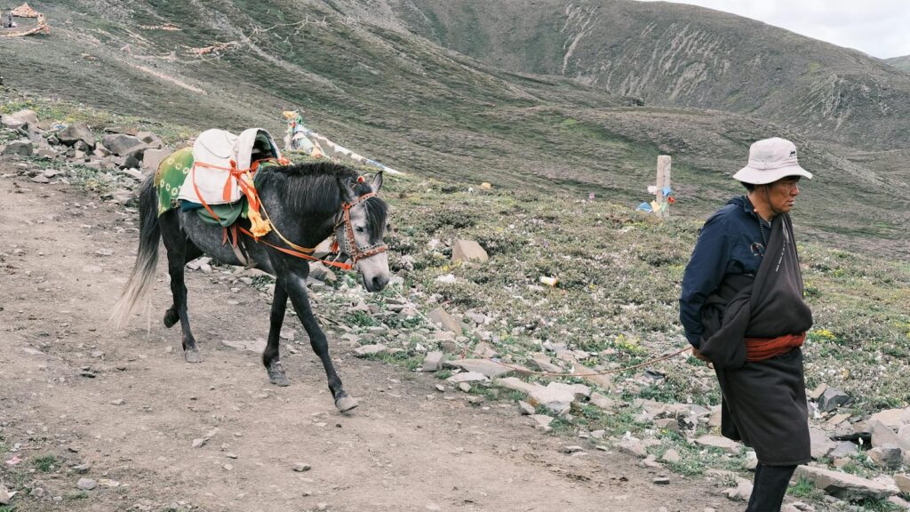 A man in traditional attire leads a pack horse along a rocky mountain trail.