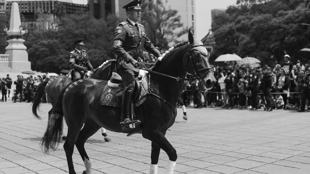 Black and white image of a mounted soldier in uniform during a parade in a town square.