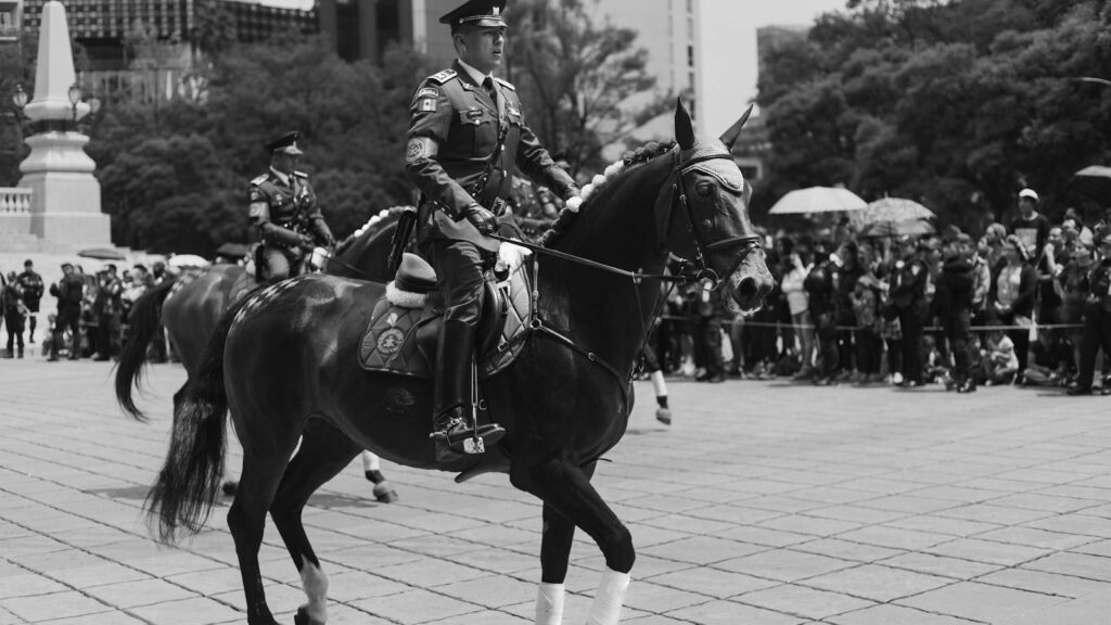 Black and white image of a mounted soldier in uniform during a parade in a town square.