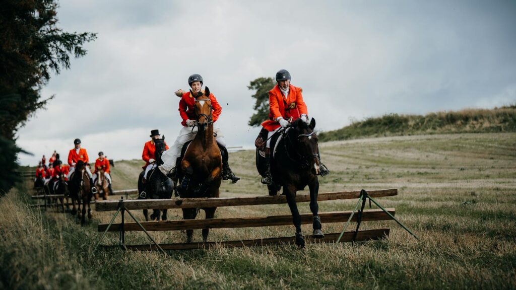 Horse riders in red jackets jumping over fences in a traditional fox hunting event on a rural landscape.