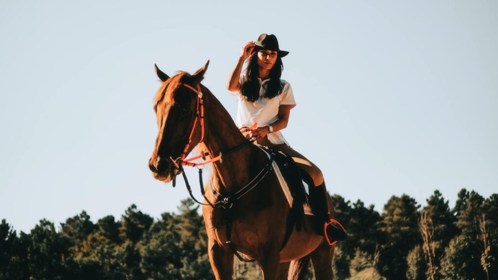 A young woman in a cowboy hat rides a brown horse in a sunny rural setting.