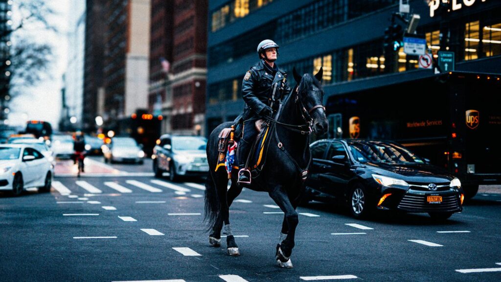 A mounted police officer patrolling a busy street in New York City during the day.