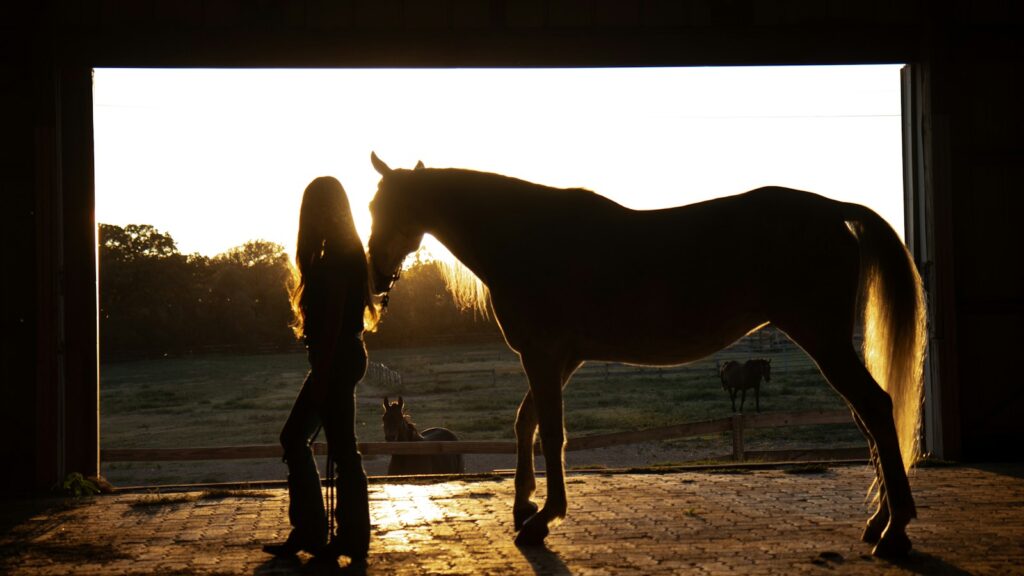 A woman standing next to a horse in a barn