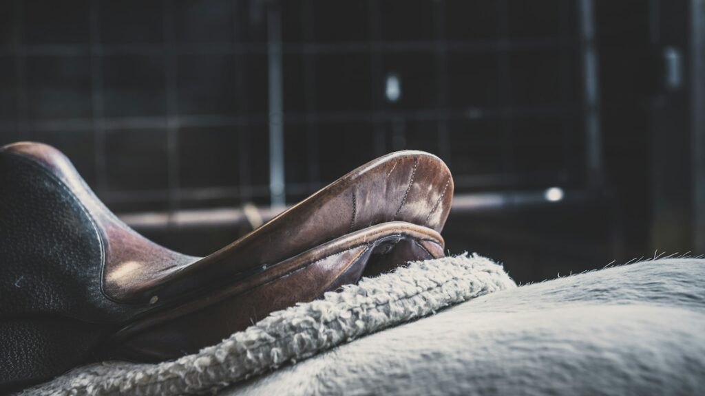 a leather saddle on the back of a grey horse