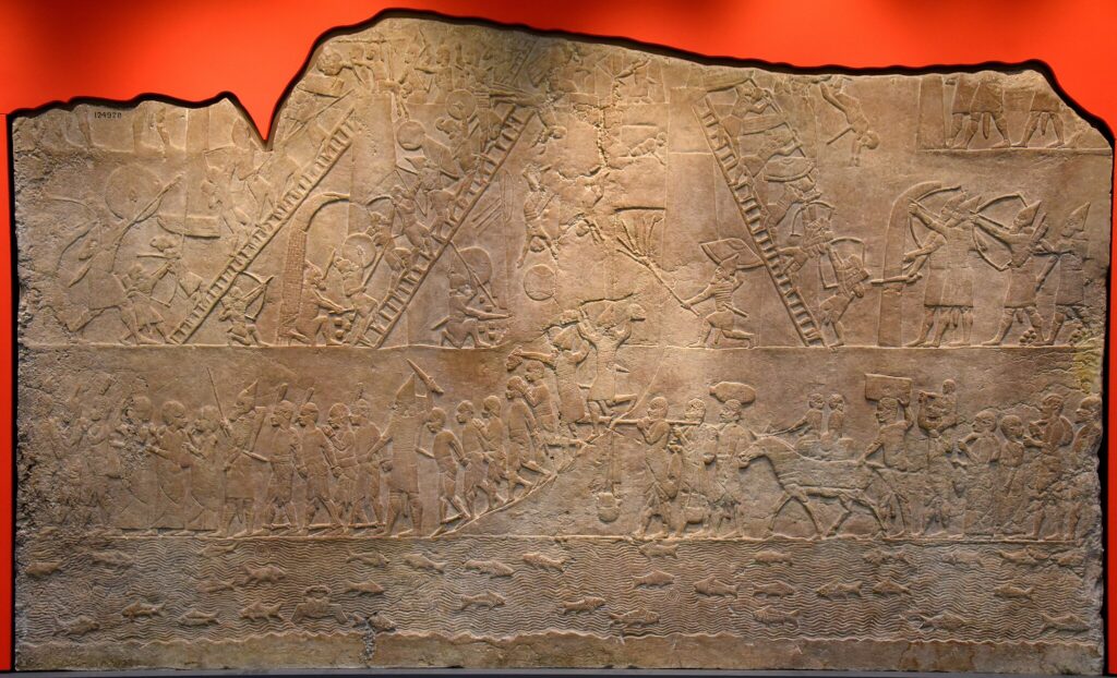 This gypsum panel shows the Assyrian army attacking the Egyptian city of Memphis and commemorates the final victory of the Assyrian king Ashurbanipal II over the Egyptian king Taharqa in 667 BCE