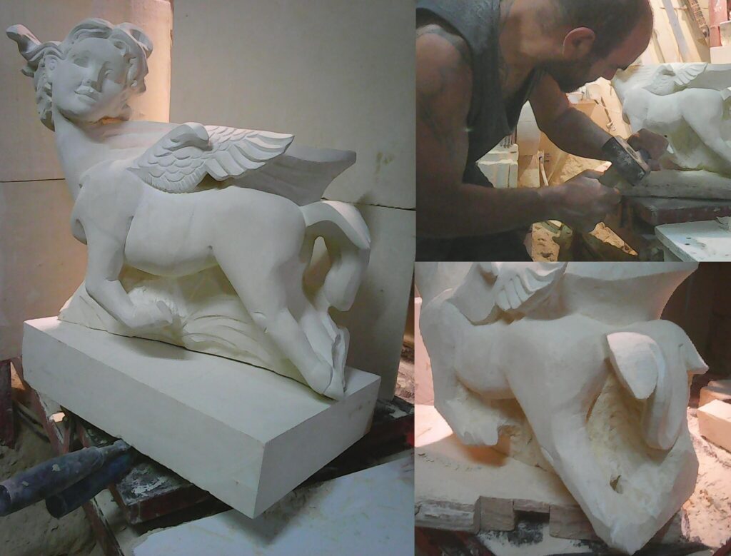 El buraq limestone sculpture , Maltese sculptor at work