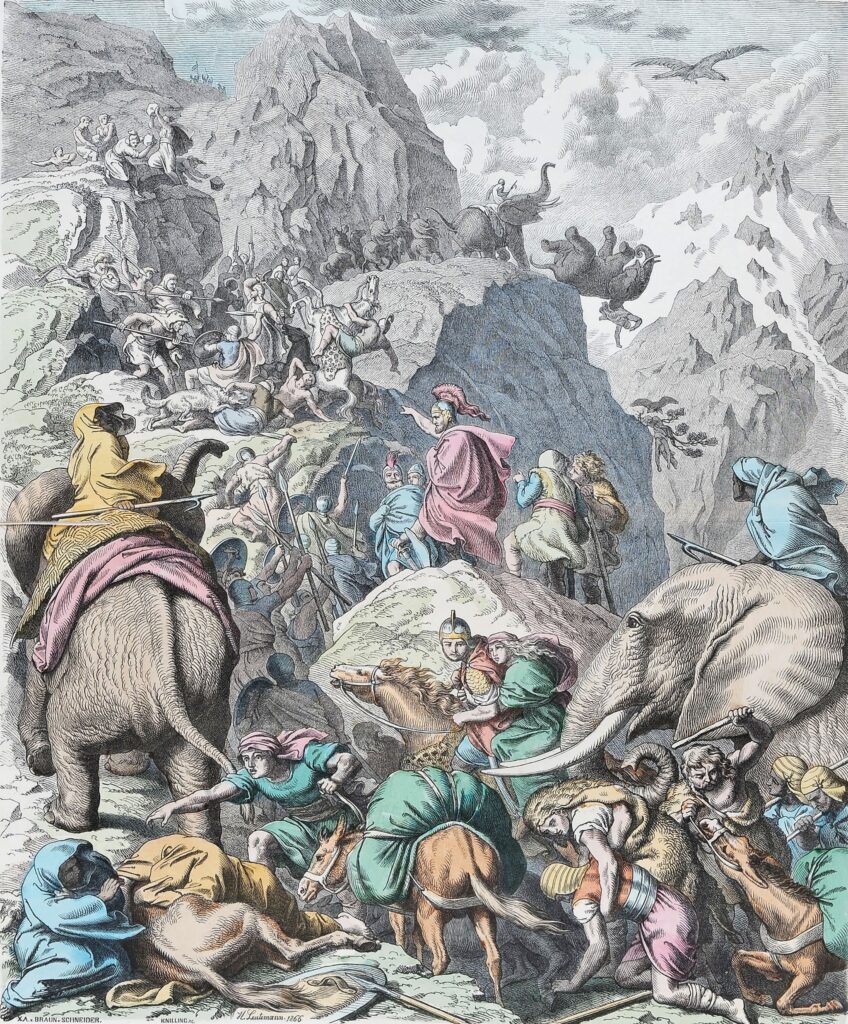 Colored woodcut The Carthaginians – Hannibal's crossing of the Alps by Heinrich Leutemann, published in the Munich picture book (page 13 of "Pictures from Antiquity"; no. 438)