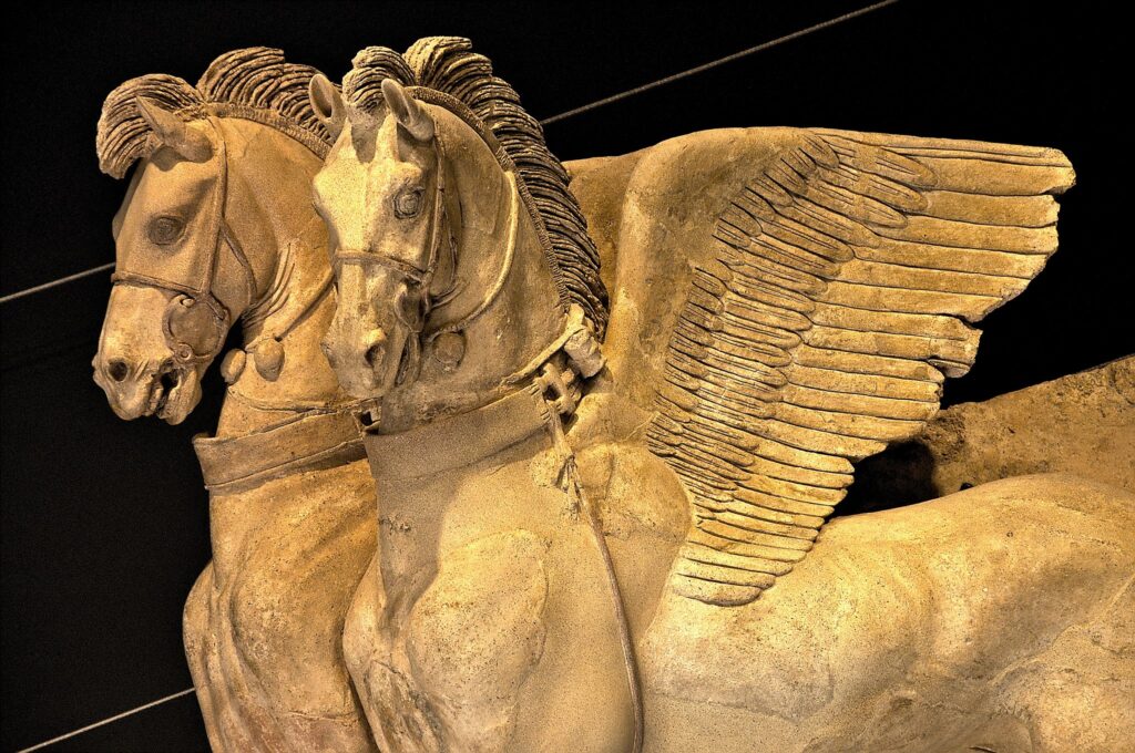Palazzo Vitelleschi, winged horses in harness, Etruscan Hellenistic sculpture, detail of heads and wings, Tarquinia