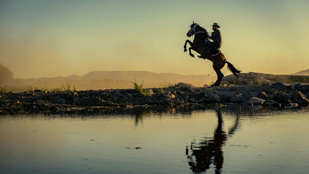 Silhouette of a cowboy riding a rearing horse near a river at sunrise, reflection visible.