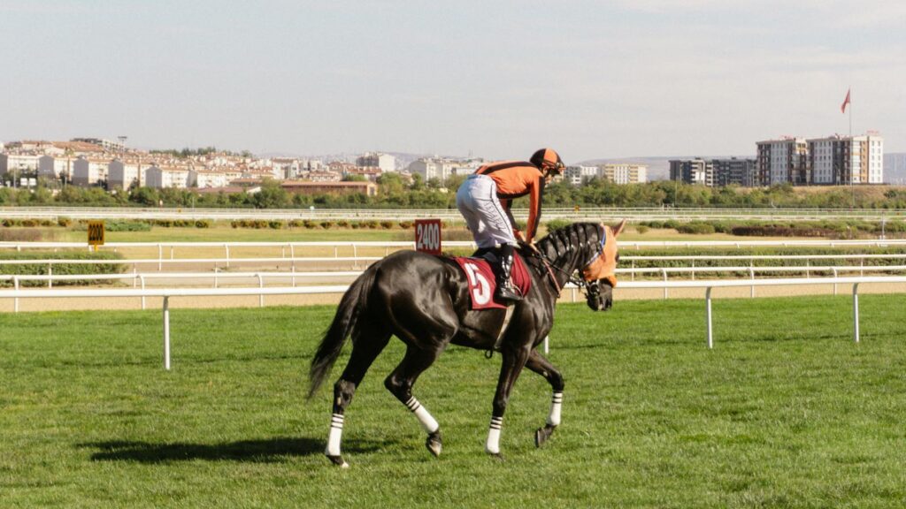A jockey riding a racehorse on a track with a cityscape in the background under a clear sky.