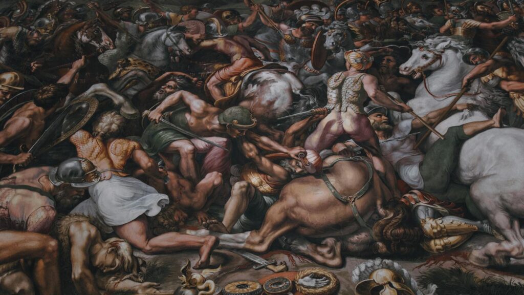 Intricate Renaissance mural depicting a dramatic battle scene, located in Vatican City.