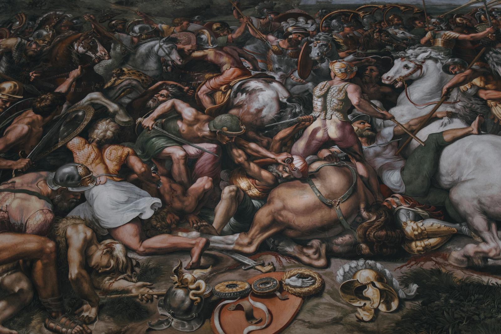 Intricate Renaissance mural depicting a dramatic battle scene
