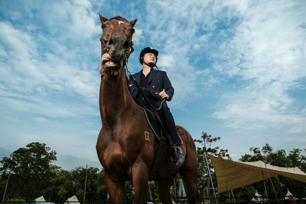 Man riding a horse outdoors under a blue sky