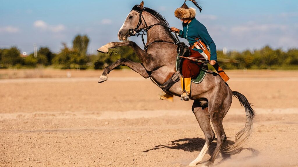 Dynamic display of traditional horseback archery on the steppes of Konya, Türkiye.