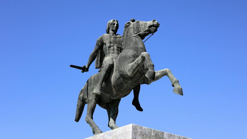 Majestic statue of Alexander the Great on horseback, Thessaloniki, Greece.
