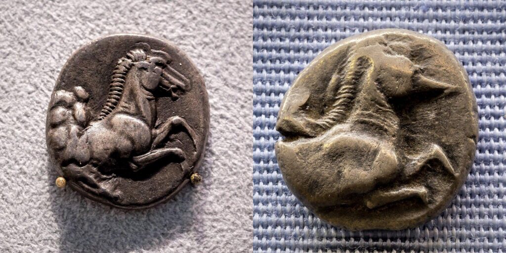 Thessalian League - 470-450 BC - silver drachma - forepart of horse - trident (left)
Thessalian League - 475-450 BC - silver hemidrachm - forepart of horse - grain ear (right)