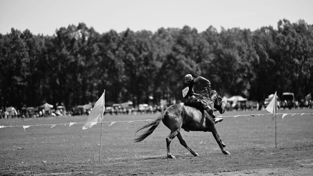 Black and white photo of a rider and horse in motion at an outdoor equestrian event.