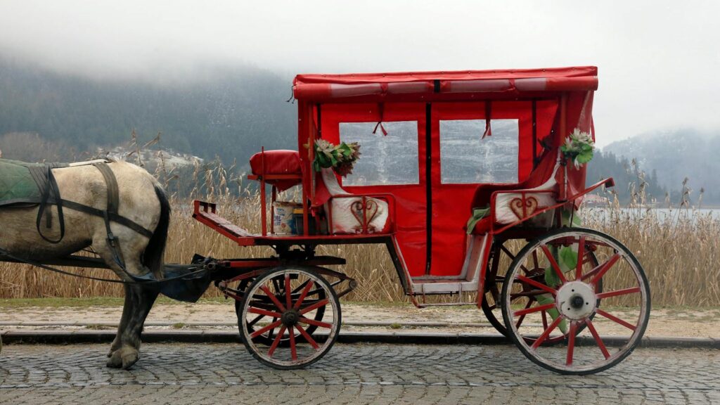 A red vintage carriage with a horse in a foggy outdoor setting, evoking nostalgia.