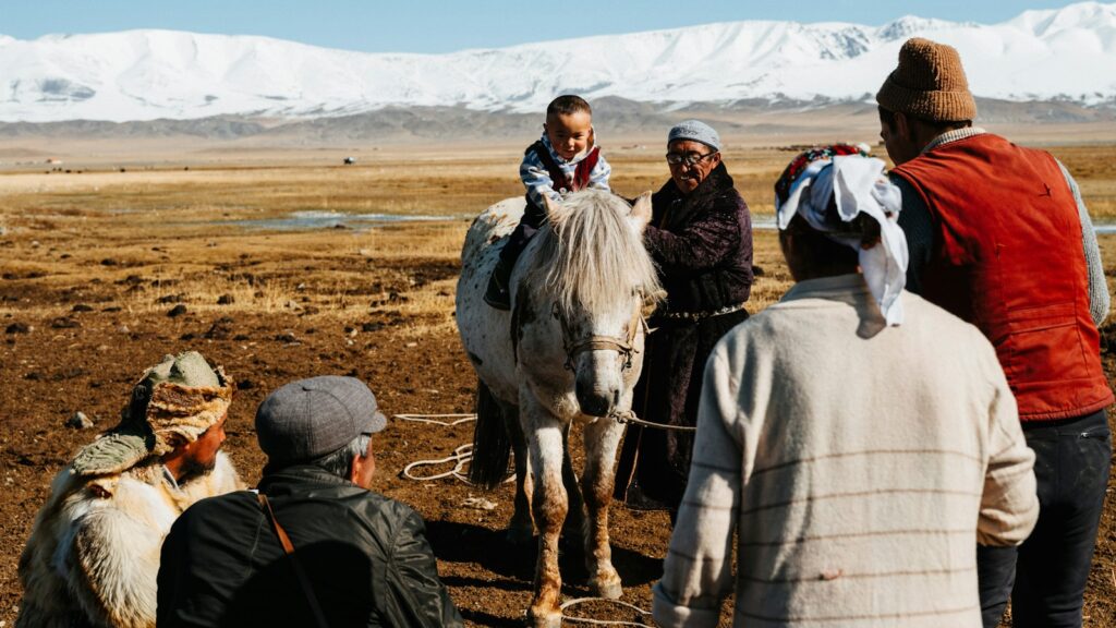 a group of people standing around a white horse
