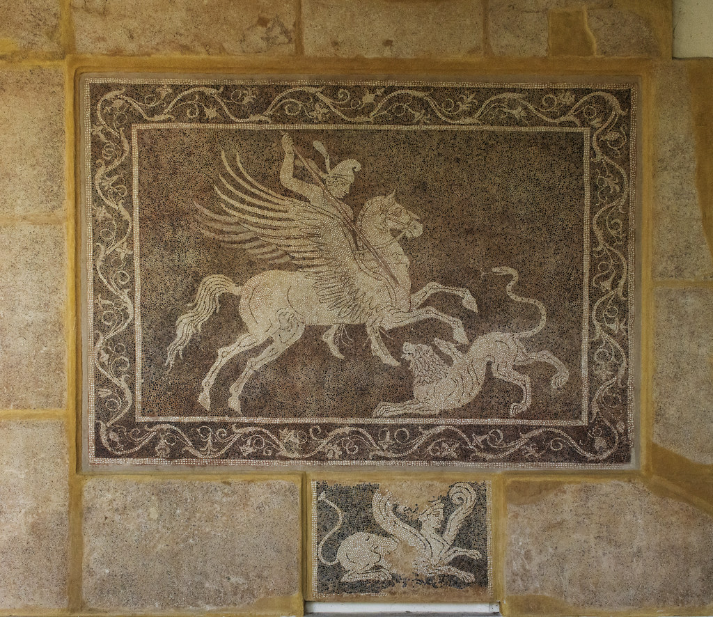 Bellerophon, the mythical hero from Corinth, is depicting riding his winged horse Pegasos, Preparing to strike the Chimaira, the awesome fabulous beast, combining lion, goat and snake features, which ravaged the land of Licia, in Asia Minor