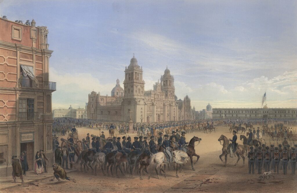 General Scott's entrance into Mexico in the Mexican-American War. Hand-colored lithograph