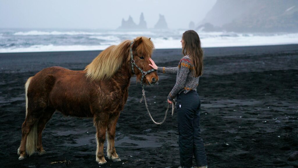 Woman with horse on a black sand beach with misty ocean backdrop.