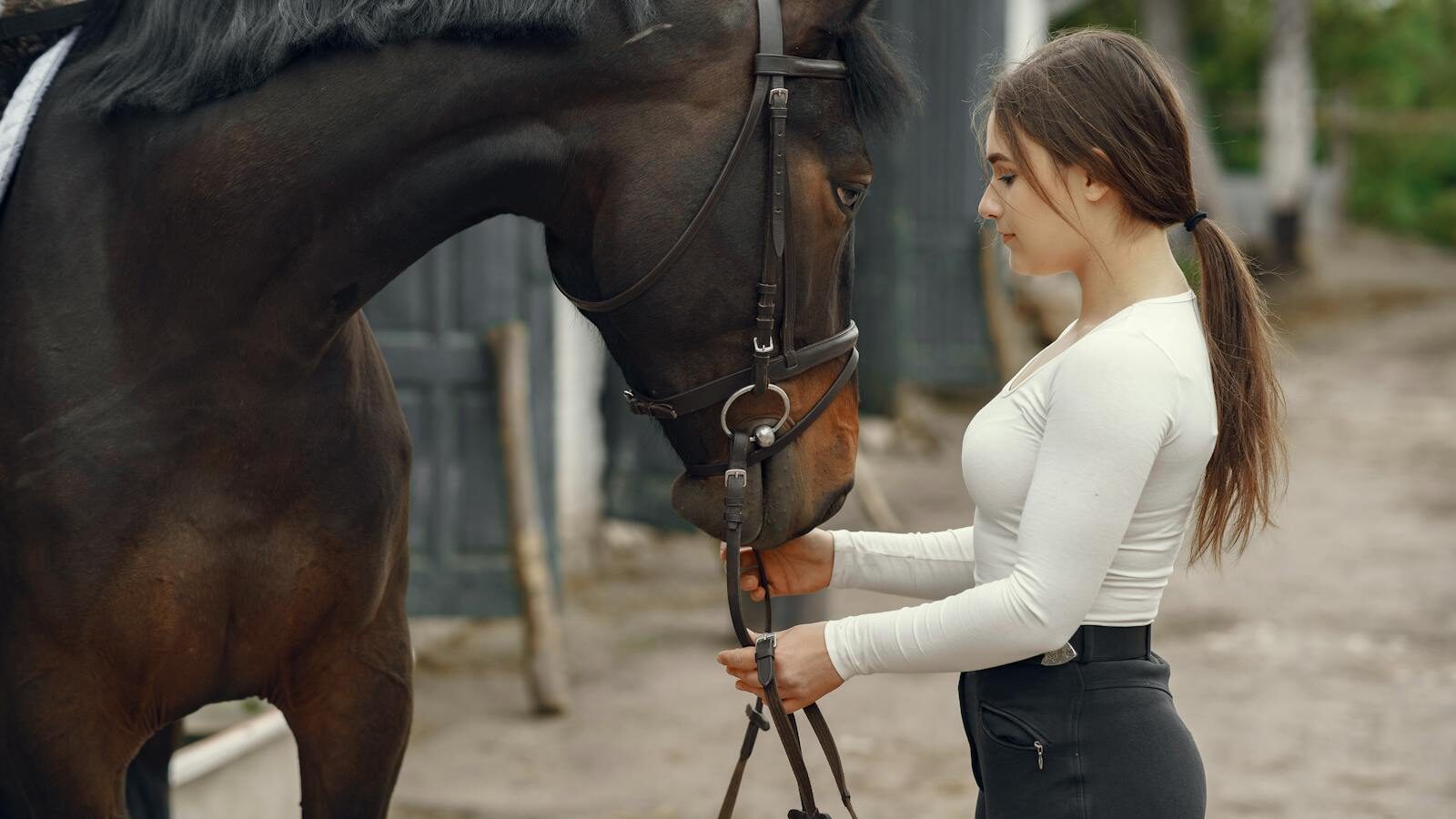 A young woman and her horse share a bonding moment outdoors, showcasing companionship.