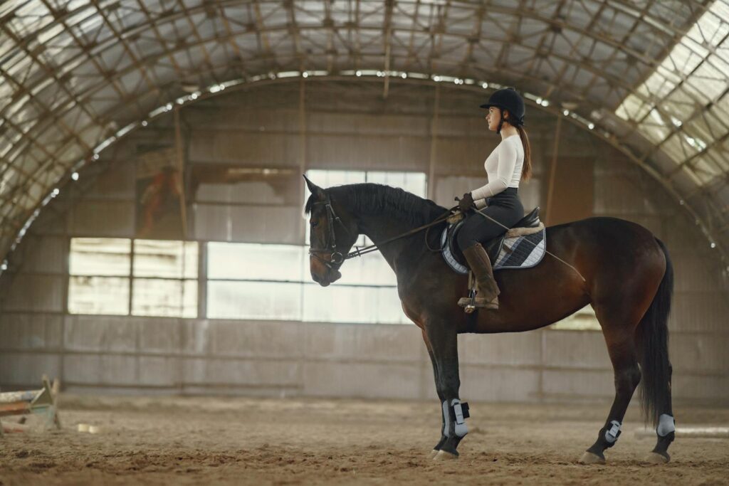 Woman in a riding hall training on a horse
