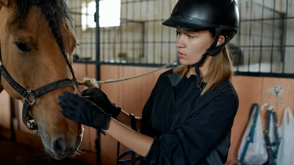 A young woman in equestrian gear gently caresses a chestnut horse in a stable.