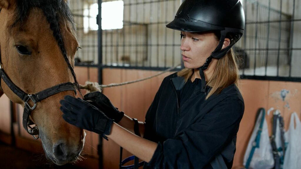 A young woman in equestrian gear gently caresses a chestnut horse in a stable.