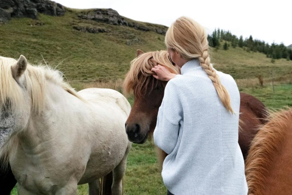 A woman with a braid lovingly caresses horses in a lush rural meadow.