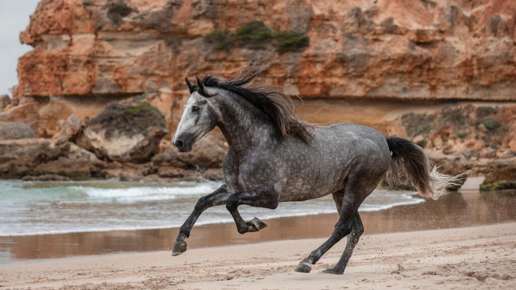 A stunning grey horse gallops along the sandy beach in Conil de la Frontera, Spain.