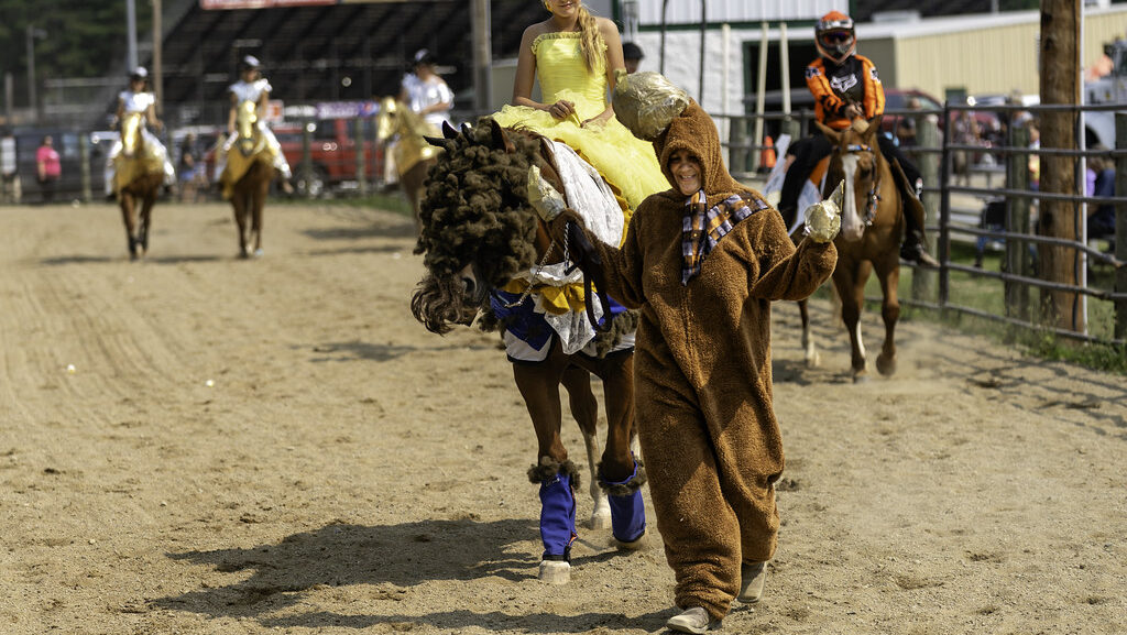 A horse in a costume at an event with a girl on the back