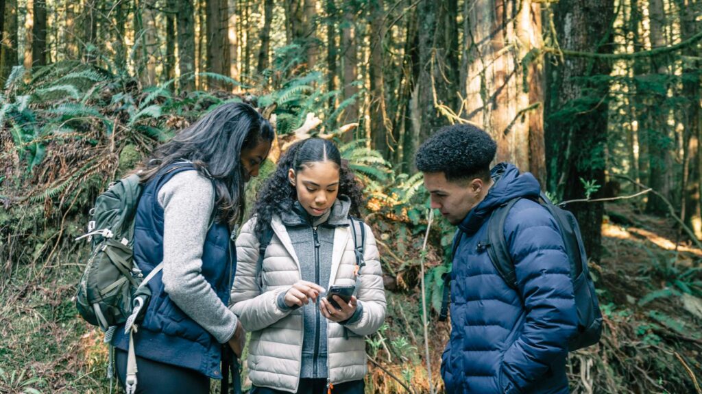 A group of young hikers standing in the forest using a smartphone for navigation.