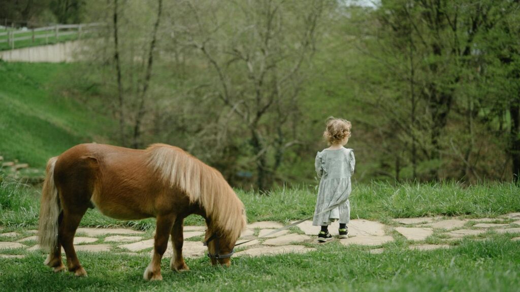 A young child stands near a pony in a lush green field