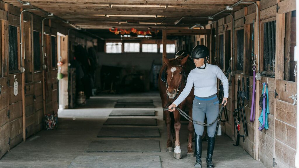 Woman guiding horse through a stable corridor in an equestrian facility.