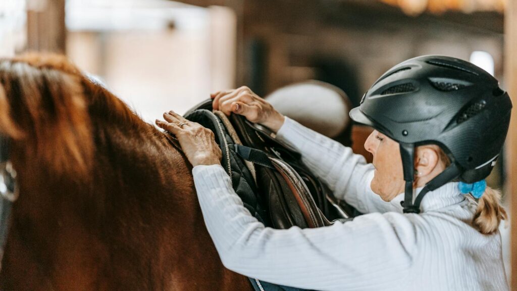 A senior woman wearing a helmet preparing a horse for riding indoors. Close-up view.