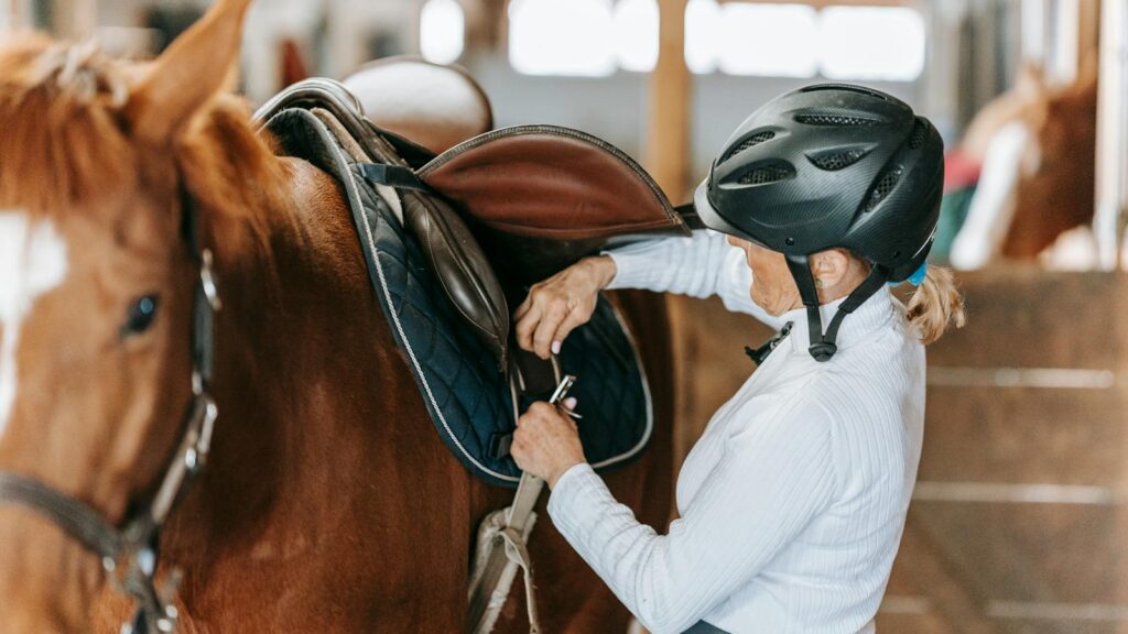 A woman in an equestrian helmet securing a saddle on a horse inside a stable.