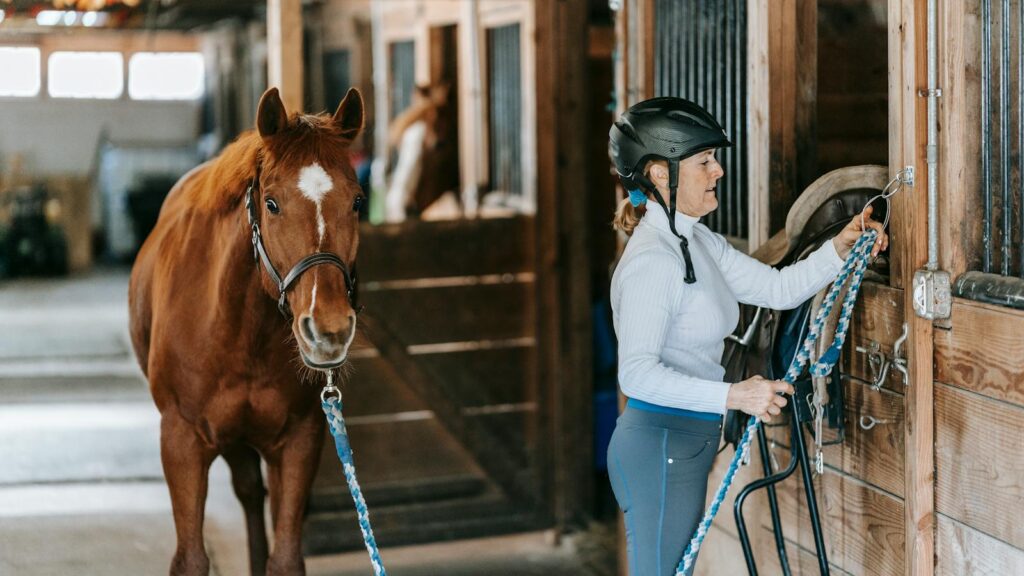 A woman preparing a horse in a wooden stable, illustrating equestrian life.