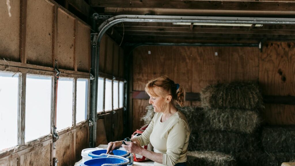 A woman arranging blue buckets in a barn filled with hay bales, standing by a window.