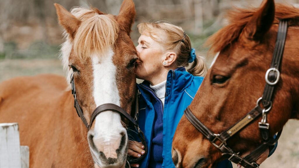 A woman lovingly kisses a horse on a sunny day, surrounded by nature.