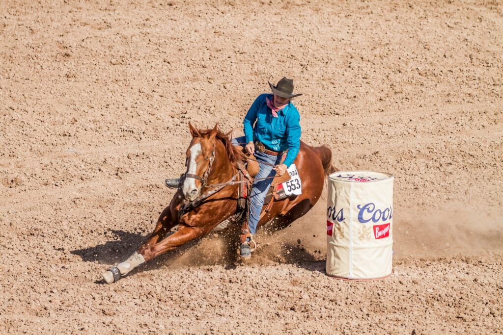 Man riding on brown horse running on brown field