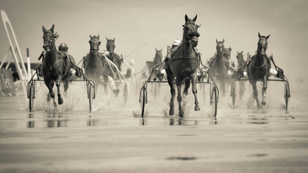 a harness horse race on a wet beach