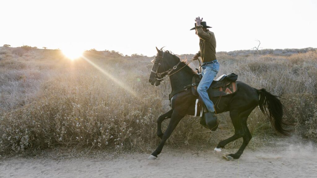 Cowboy rides a black horse through a sandy desert trail at sunset, capturing rustic adventure.